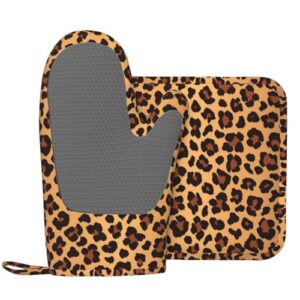 Leopard Pattern Silicone Oven Mitts Pot Holder Sets 2pcs Cute Design Washable Non Slip Kitchen Heat Resistant Mat Women's Cooking Gloves for Baking and BBQ Wear