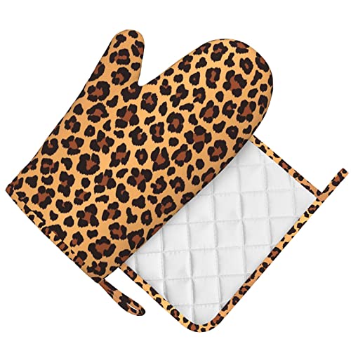 Leopard Pattern Silicone Oven Mitts Pot Holder Sets 2pcs Cute Design Washable Non Slip Kitchen Heat Resistant Mat Women's Cooking Gloves for Baking and BBQ Wear