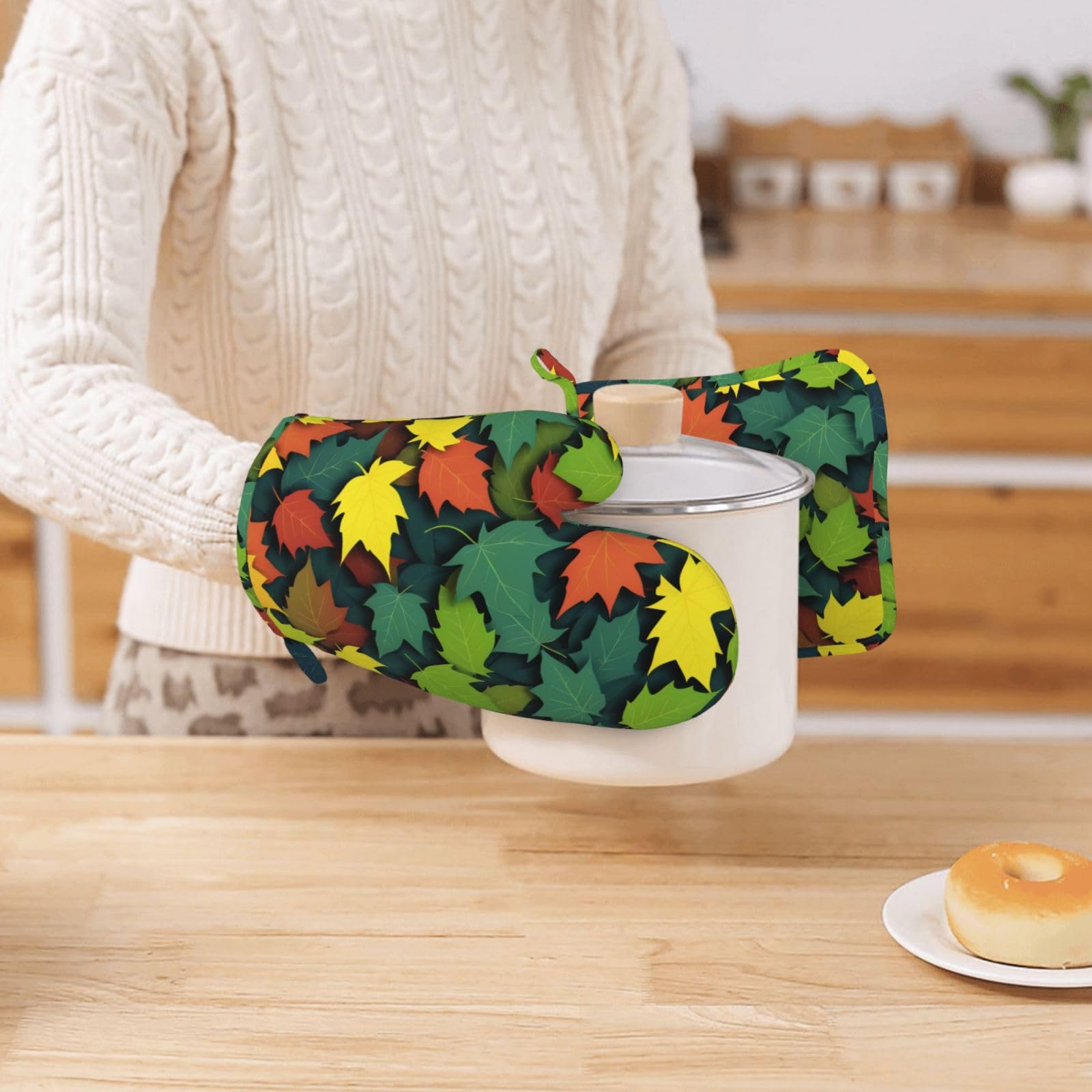 Colorful Leaf Silicone Oven Mitts Pot Holder Sets 2pcs Cute Design Washable Non Slip Kitchen Heat Resistant Mat Women's Cooking Gloves for Baking and BBQ Wear