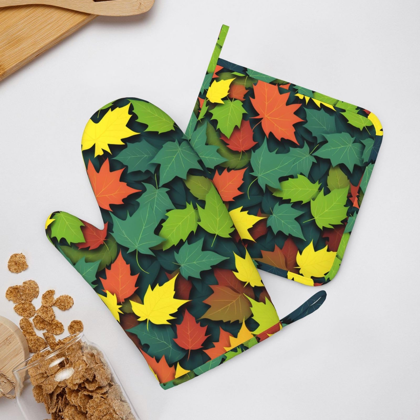 Colorful Leaf Silicone Oven Mitts Pot Holder Sets 2pcs Cute Design Washable Non Slip Kitchen Heat Resistant Mat Women's Cooking Gloves for Baking and BBQ Wear