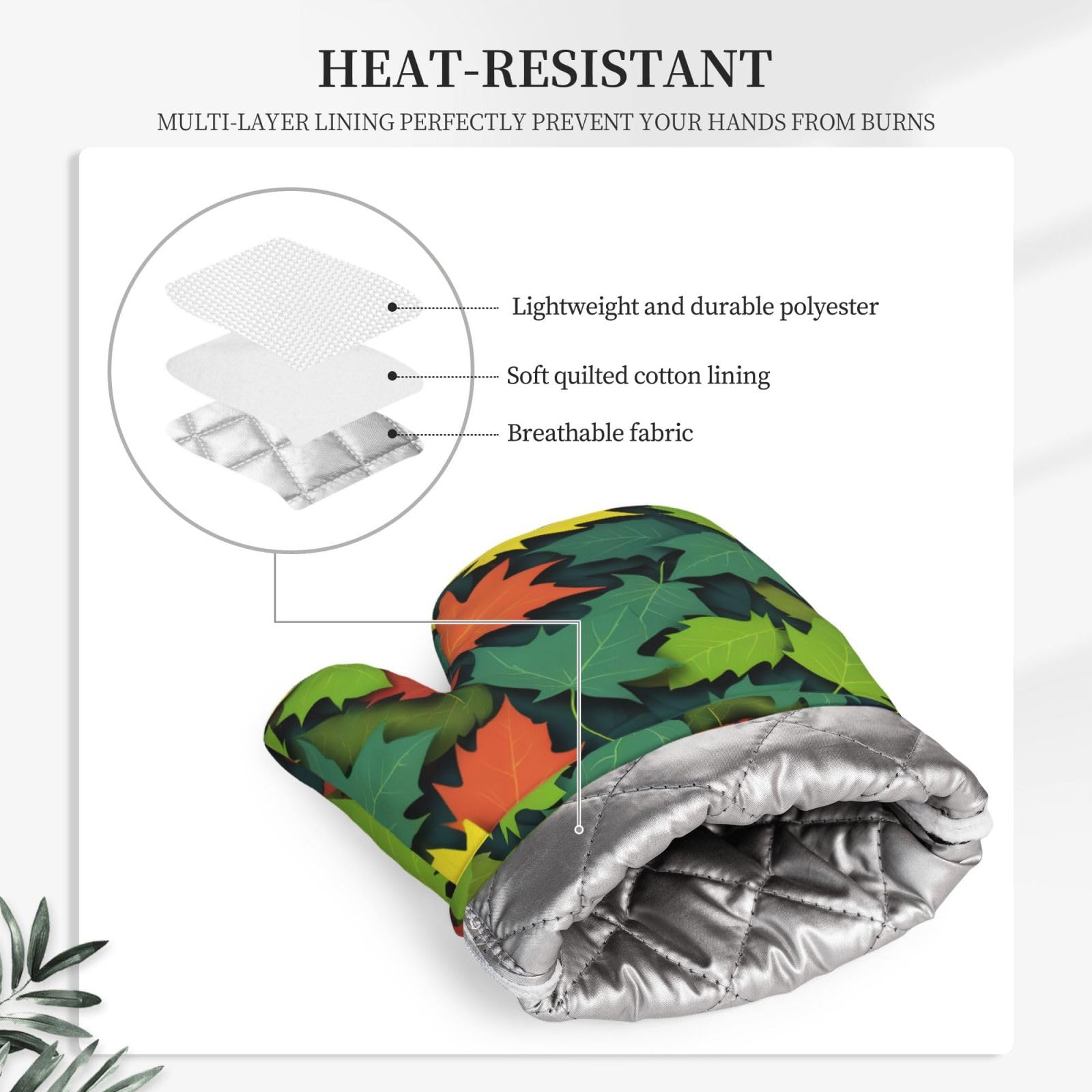 Colorful Leaf Silicone Oven Mitts Pot Holder Sets 2pcs Cute Design Washable Non Slip Kitchen Heat Resistant Mat Women's Cooking Gloves for Baking and BBQ Wear