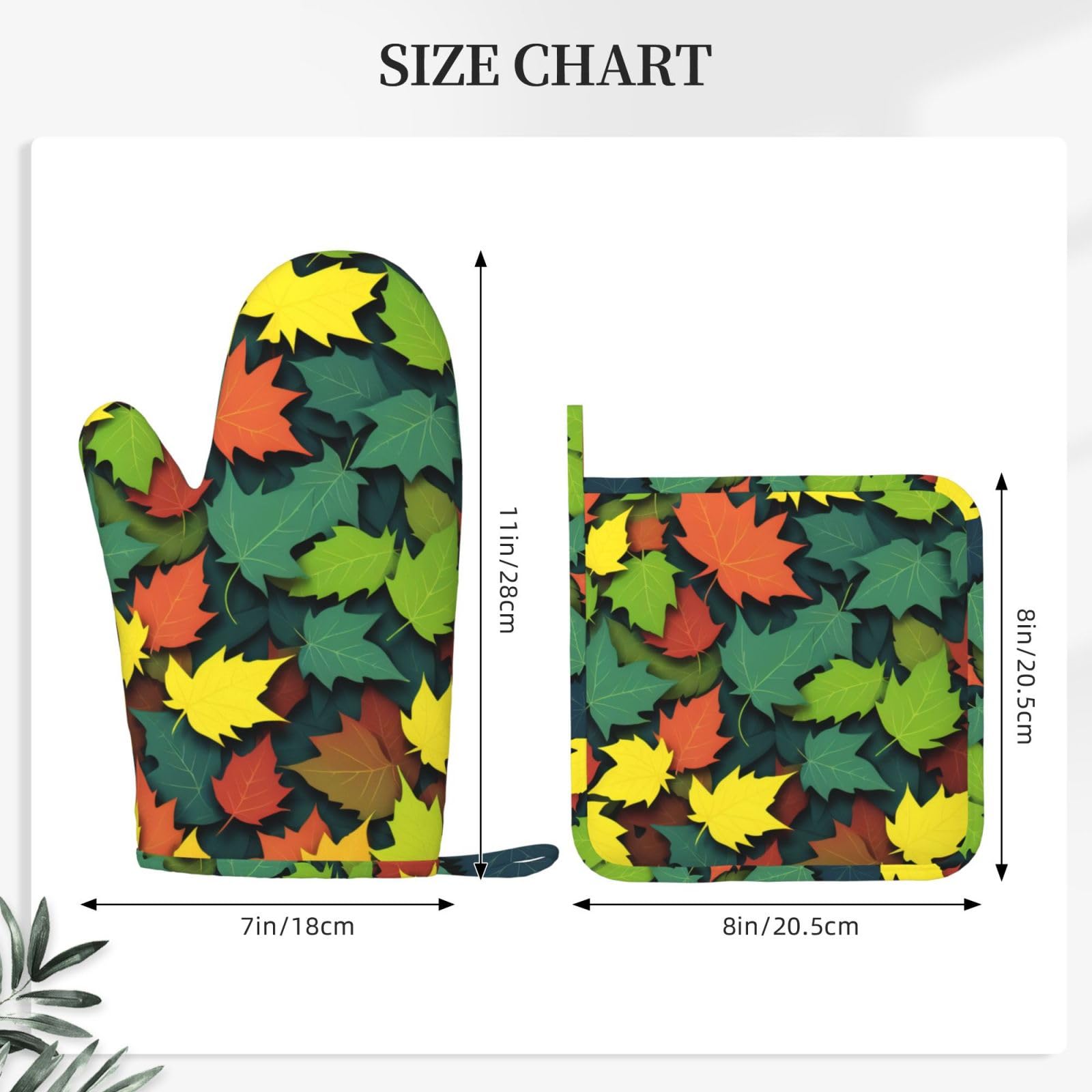 Colorful Leaf Silicone Oven Mitts Pot Holder Sets 2pcs Cute Design Washable Non Slip Kitchen Heat Resistant Mat Women's Cooking Gloves for Baking and BBQ Wear