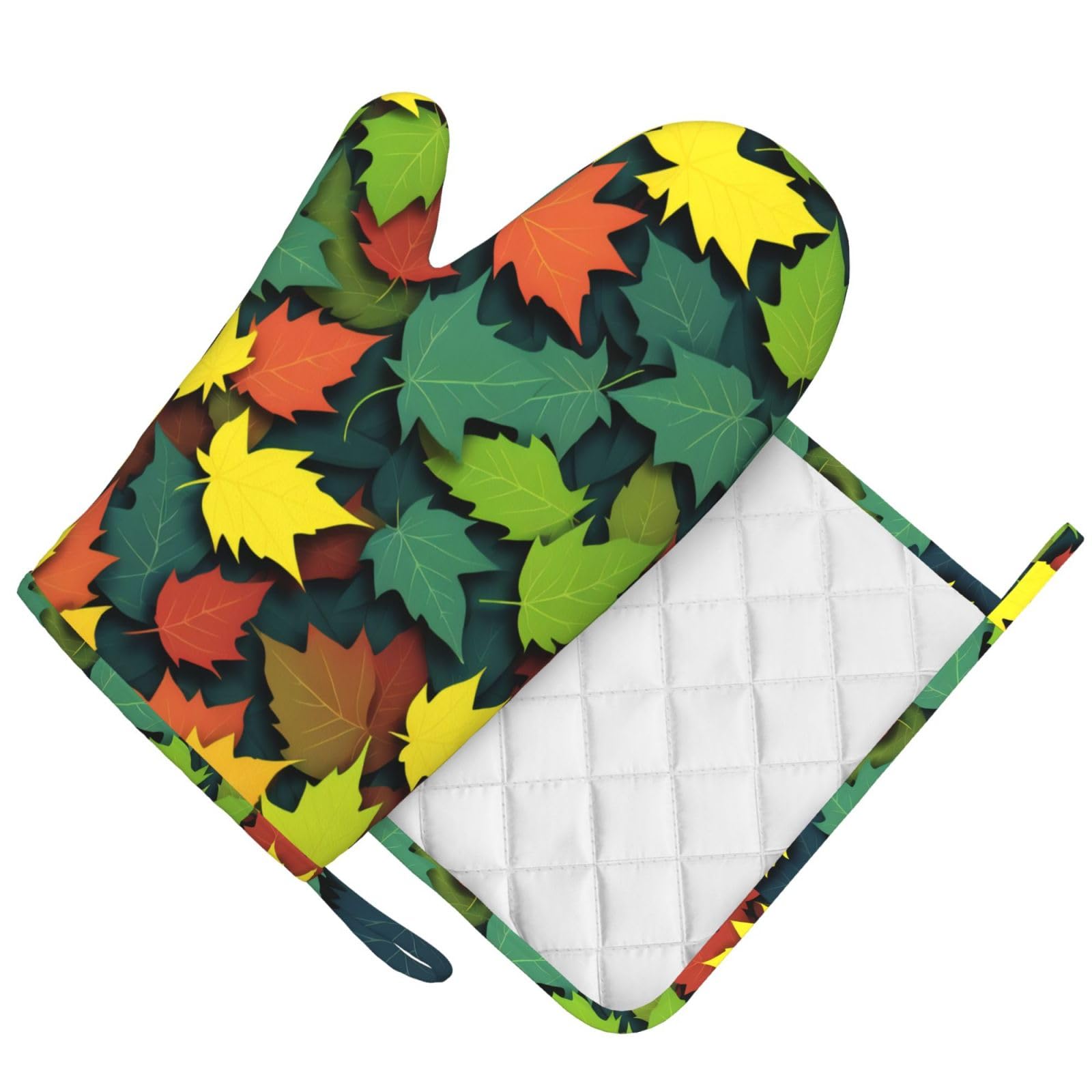 Colorful Leaf Silicone Oven Mitts Pot Holder Sets 2pcs Cute Design Washable Non Slip Kitchen Heat Resistant Mat Women's Cooking Gloves for Baking and BBQ Wear