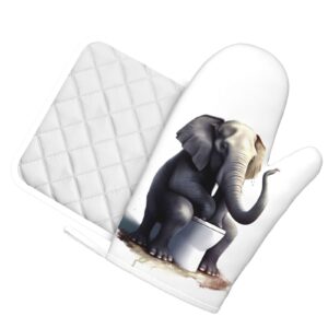 Oven Mitts Pot Holders Sets Funny Elephant Silicone Oven Gloves Sitting Kitchen Accessories for Baking Cooking Family Gathering