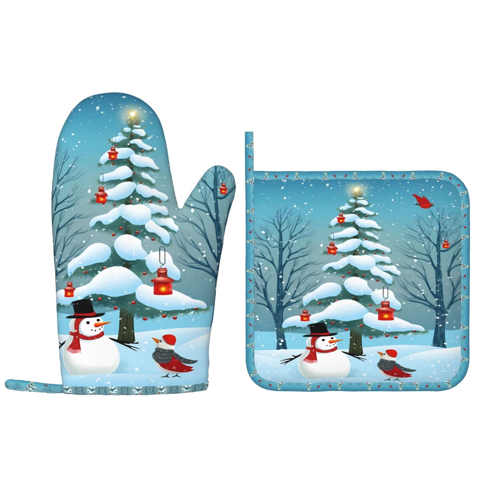 Oven Mitts Pot Holders Sets Christmas Snowman Birds Silicone Oven Gloves Winter Tree Kitchen Accessories for Baking Cooking Grilling