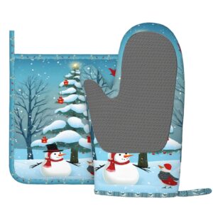 Oven Mitts Pot Holders Sets Christmas Snowman Birds Silicone Oven Gloves Winter Tree Kitchen Accessories for Baking Cooking Grilling