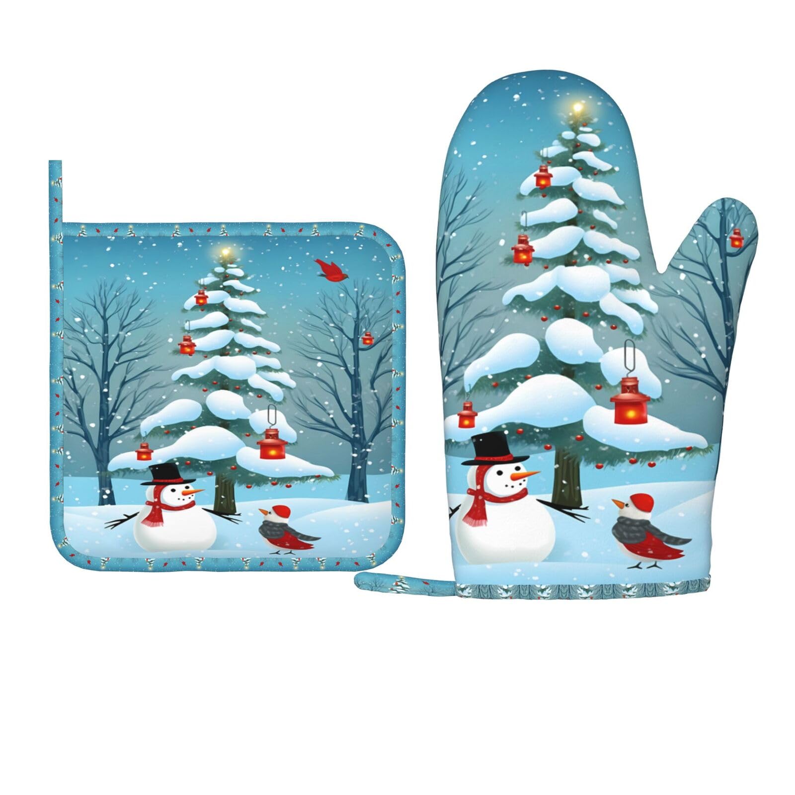 Oven Mitts Pot Holders Sets Christmas Snowman Birds Silicone Oven Gloves Winter Tree Kitchen Accessories for Baking Cooking Grilling