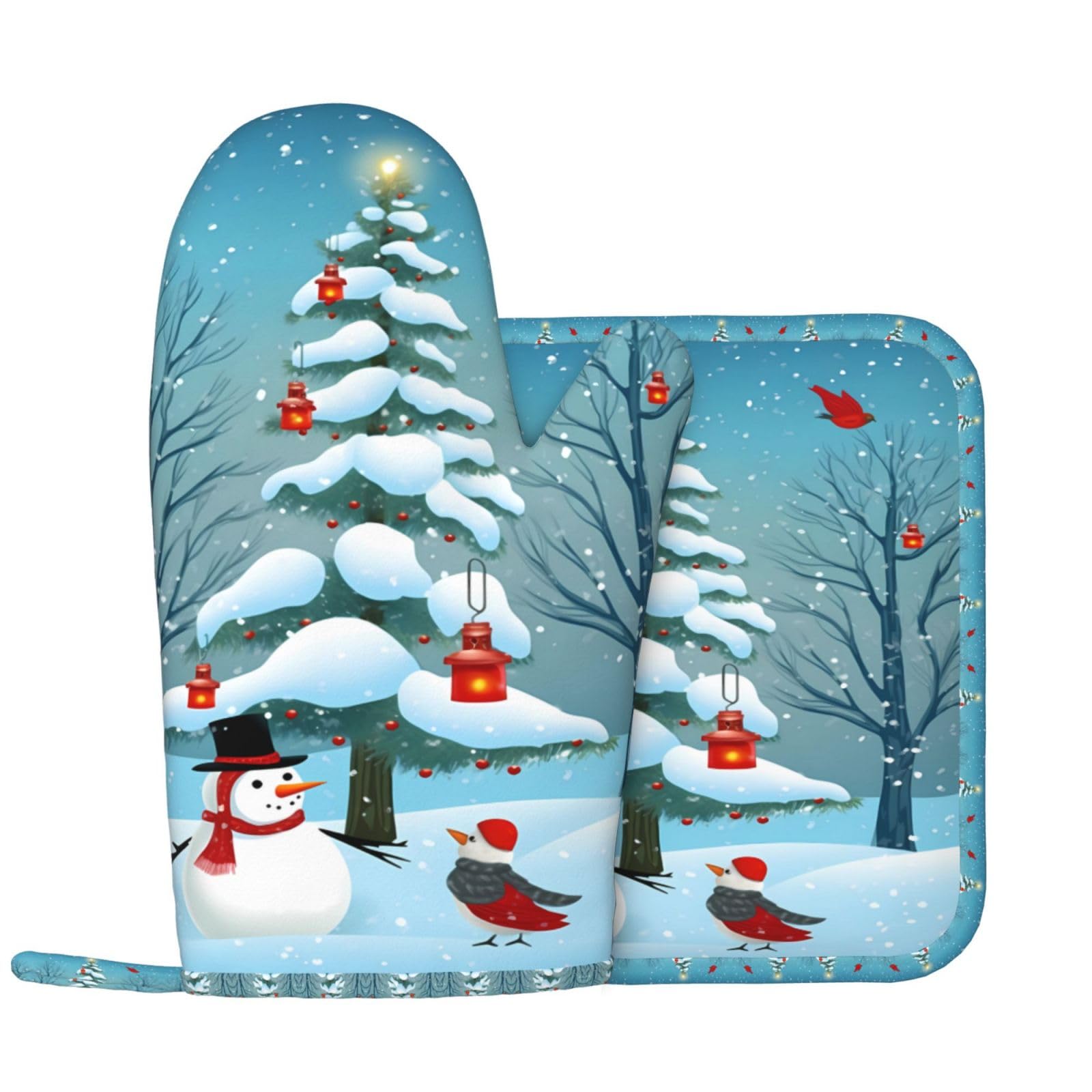 Oven Mitts Pot Holders Sets Christmas Snowman Birds Silicone Oven Gloves Winter Tree Kitchen Accessories for Baking Cooking Grilling