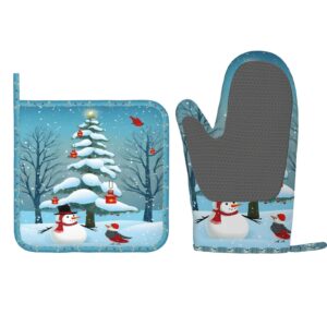 Oven Mitts Pot Holders Sets Christmas Snowman Birds Silicone Oven Gloves Winter Tree Kitchen Accessories for Baking Cooking Grilling