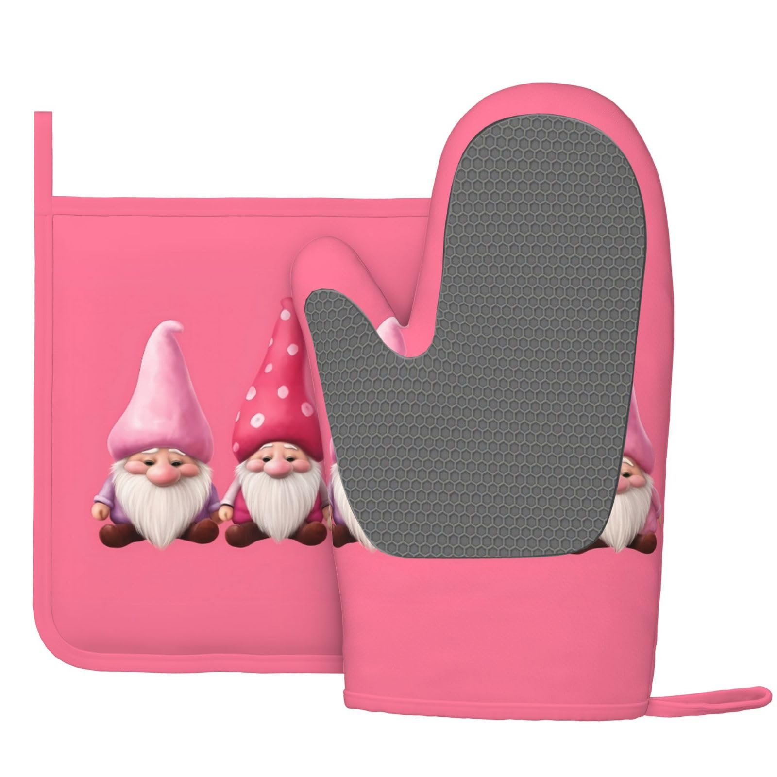 Oven Mitts Pot Holders Sets Pink Cute Gonme Silicone Oven Gloves Kitchen Accessories for Baking Cooking Dining