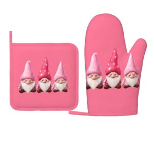 Oven Mitts Pot Holders Sets Pink Cute Gonme Silicone Oven Gloves Kitchen Accessories for Baking Cooking Dining