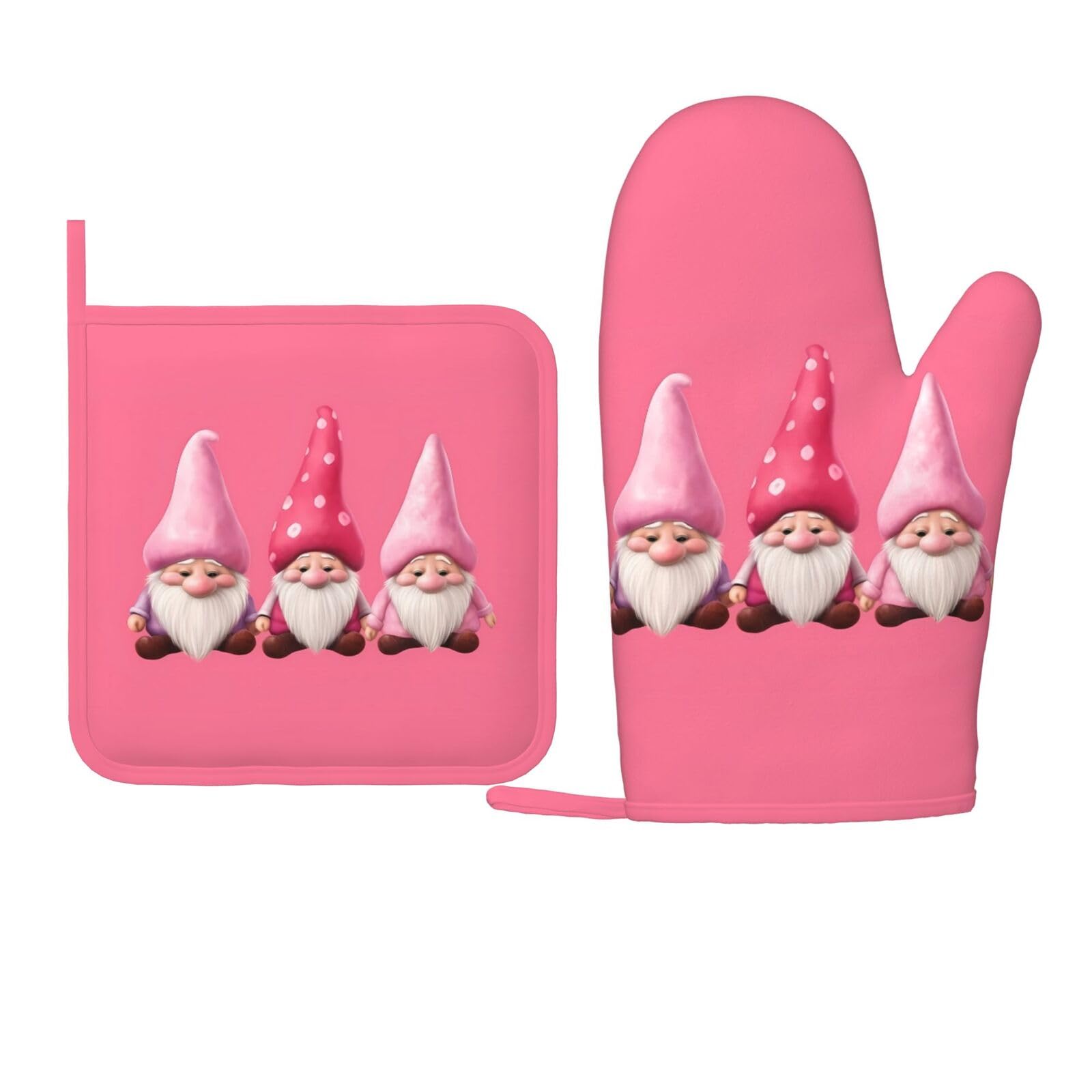 Oven Mitts Pot Holders Sets Pink Cute Gonme Silicone Oven Gloves Kitchen Accessories for Baking Cooking Dining