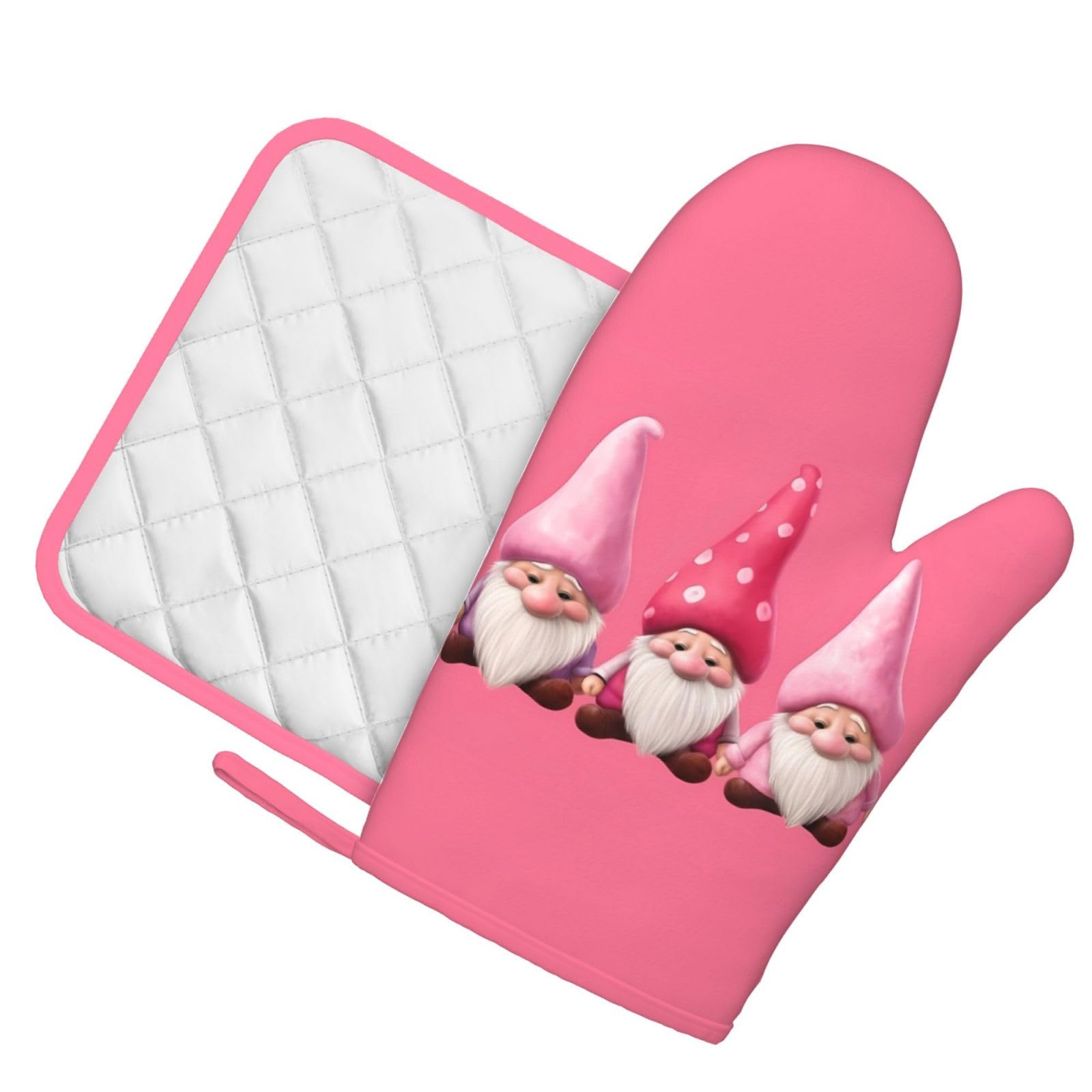 Oven Mitts Pot Holders Sets Pink Cute Gonme Silicone Oven Gloves Kitchen Accessories for Baking Cooking Dining