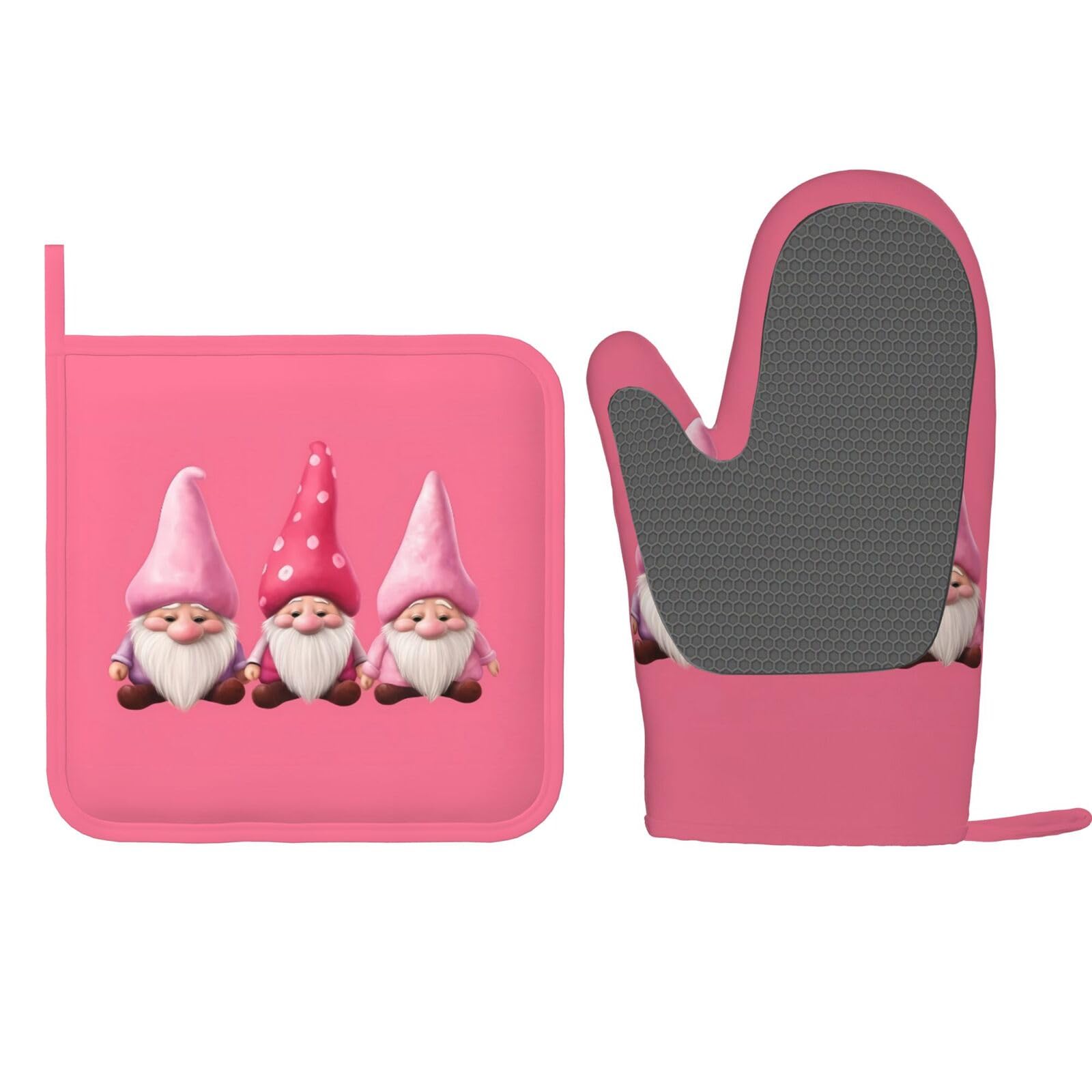 Oven Mitts Pot Holders Sets Pink Cute Gonme Silicone Oven Gloves Kitchen Accessories for Baking Cooking Dining