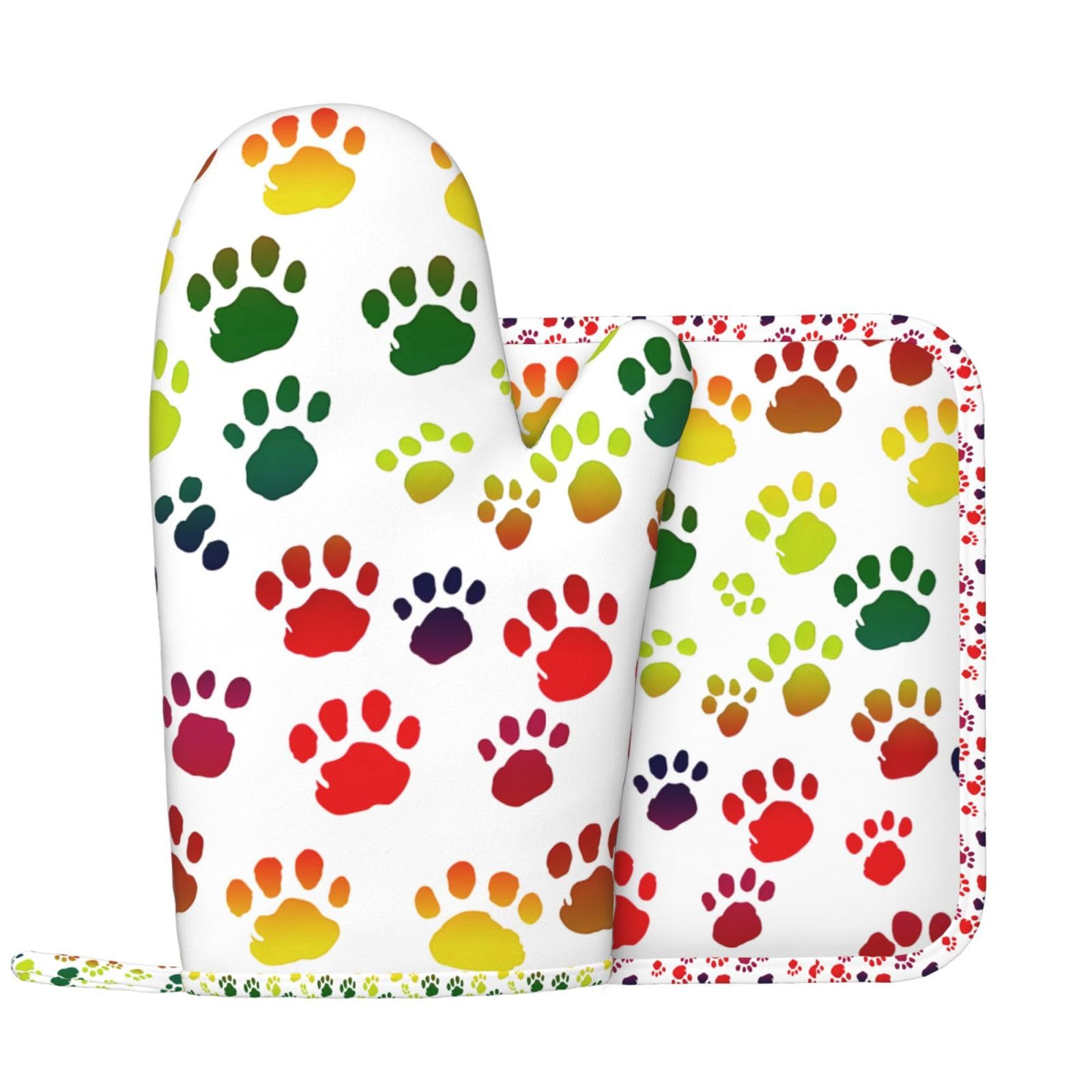 Oven Mitts Pot Holders Sets Cute Dog Paw Prints Silicone Oven Gloves Colorful Kitchen Accessories for Baking Cooking Dining