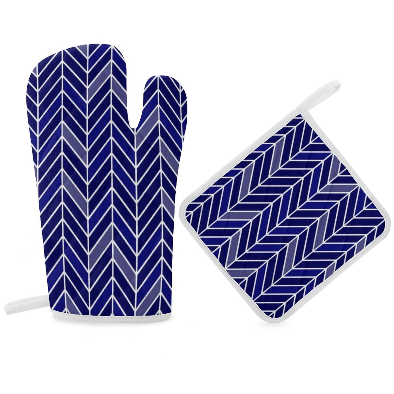 2Pcs Oven Mitts and Pot Holders Set, Chevron Narrow Navy Blue Oven Mitts Gloves Set Heat Resistant Hot Pads for Kitchen Cooking Grill