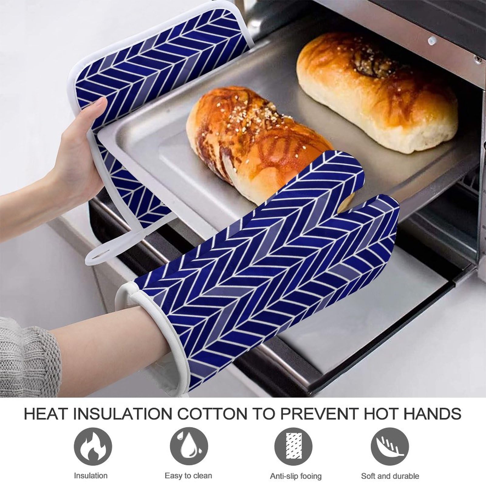 2Pcs Oven Mitts and Pot Holders Set, Chevron Narrow Navy Blue Oven Mitts Gloves Set Heat Resistant Hot Pads for Kitchen Cooking Grill