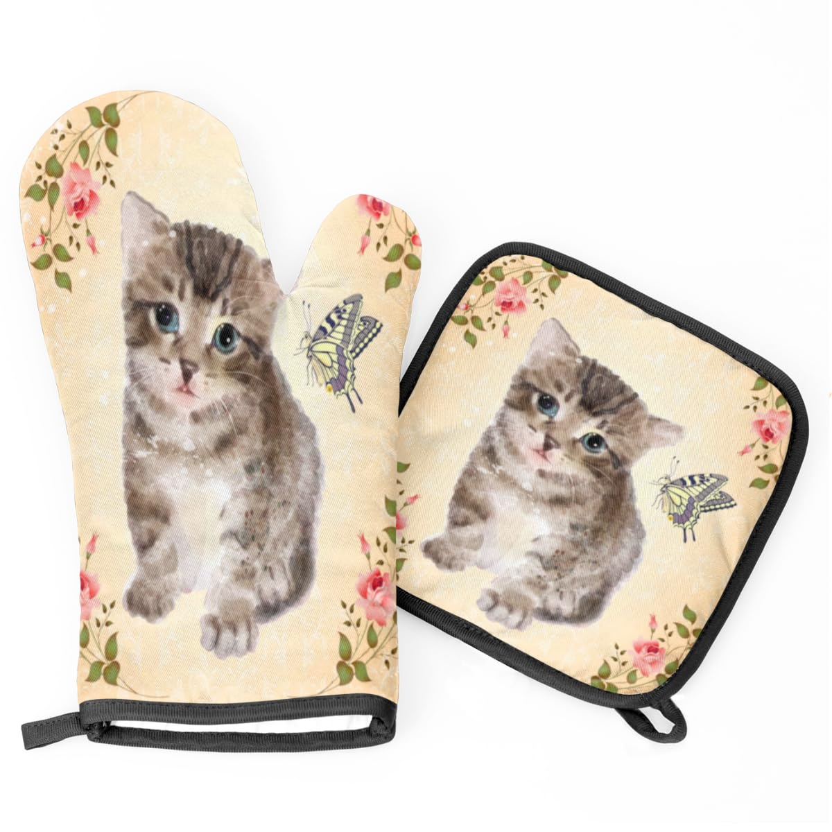 Vintage Rose Butterfly Cat Oven Mitts and Pot Holders Sets of 2 Heat Resistant Non-Slip Kitchen Gloves Hot Pads with Inner Cotton Layer for Cooking BBQ Baking Grilling