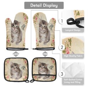 Vintage Rose Butterfly Cat Oven Mitts and Pot Holders Sets of 2 Heat Resistant Non-Slip Kitchen Gloves Hot Pads with Inner Cotton Layer for Cooking BBQ Baking Grilling