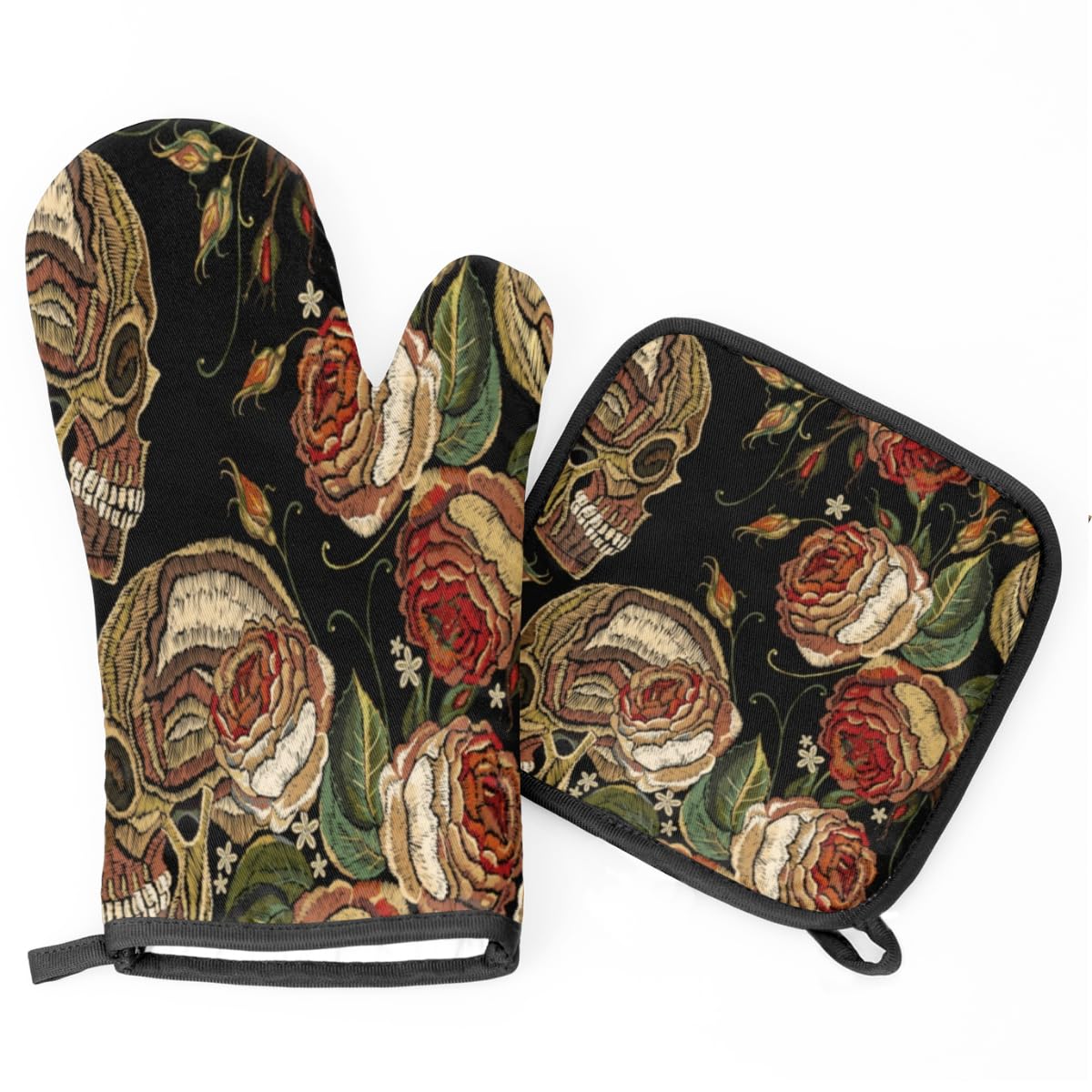 Embroidery Skull Roses Flowers Oven Mitts and Pot Holders Sets of 2 Heat Resistant Non-Slip Kitchen Gloves Hot Pads with Inner Cotton Layer for Cooking BBQ Baking Grilling