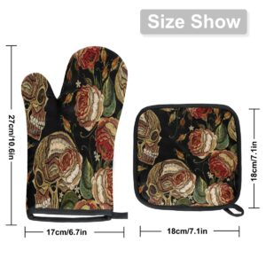 Embroidery Skull Roses Flowers Oven Mitts and Pot Holders Sets of 2 Heat Resistant Non-Slip Kitchen Gloves Hot Pads with Inner Cotton Layer for Cooking BBQ Baking Grilling