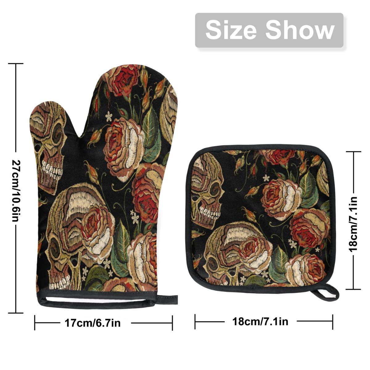 Embroidery Skull Roses Flowers Oven Mitts and Pot Holders Sets of 2 Heat Resistant Non-Slip Kitchen Gloves Hot Pads with Inner Cotton Layer for Cooking BBQ Baking Grilling