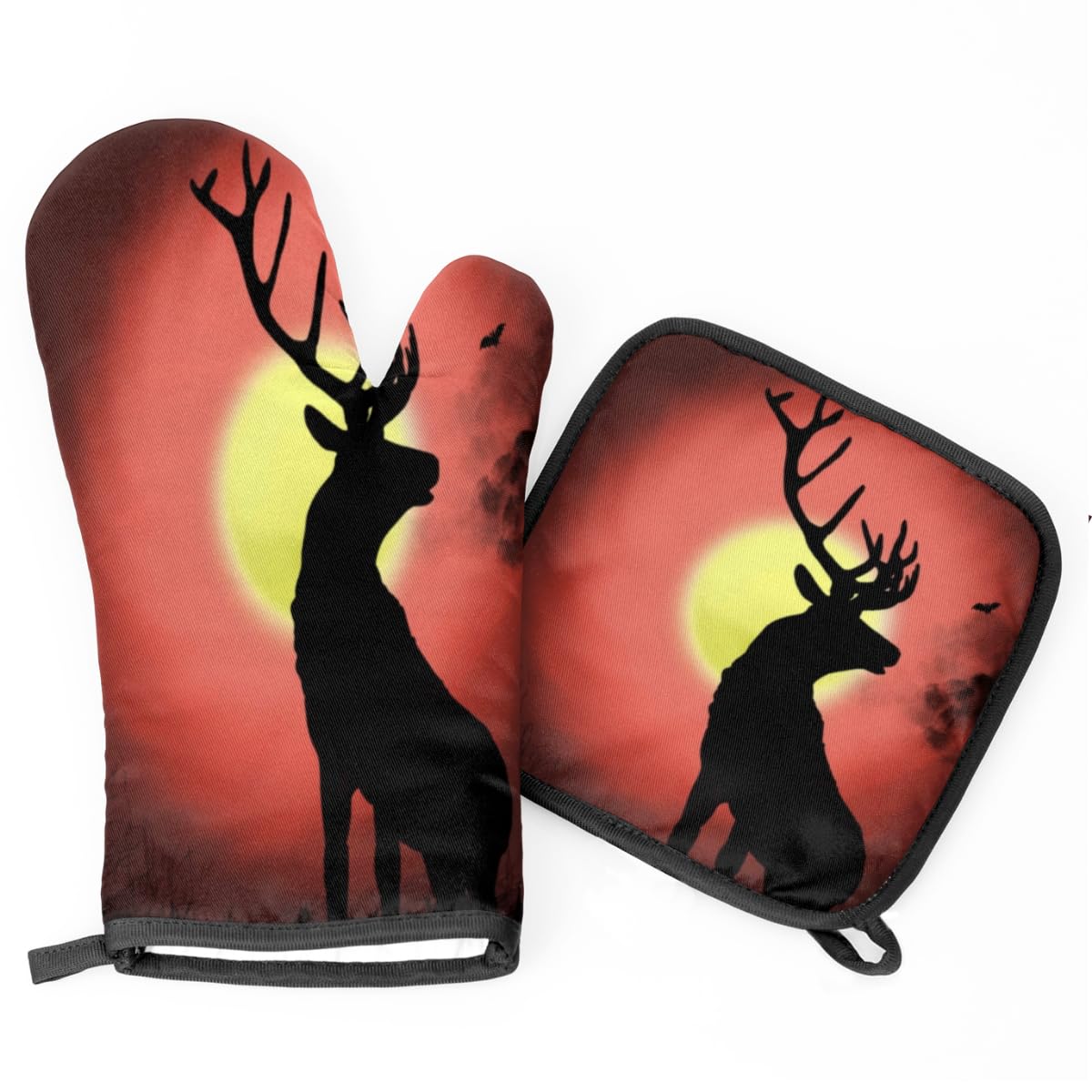 Night Deer Oven Mitts and Pot Holders Sets of 2 Heat Resistant Non-Slip Kitchen Gloves Hot Pads with Inner Cotton Layer for Cooking BBQ Baking Grilling