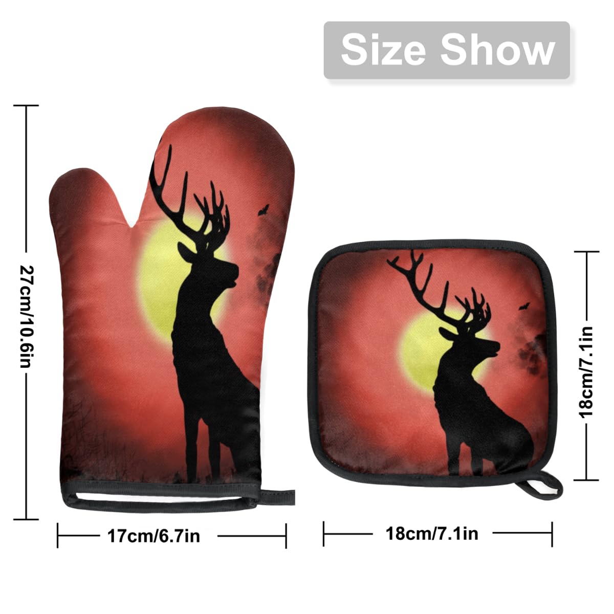 Night Deer Oven Mitts and Pot Holders Sets of 2 Heat Resistant Non-Slip Kitchen Gloves Hot Pads with Inner Cotton Layer for Cooking BBQ Baking Grilling