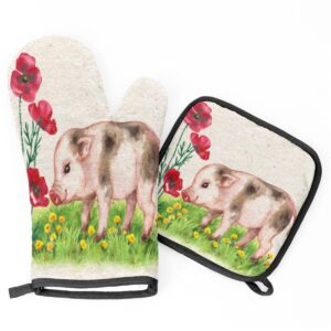 Cute Animal Pig Flower Oven Mitts and Pot Holders Sets of 2 Heat Resistant Non-Slip Kitchen Gloves Hot Pads with Inner Cotton Layer for Cooking BBQ Baking Grilling