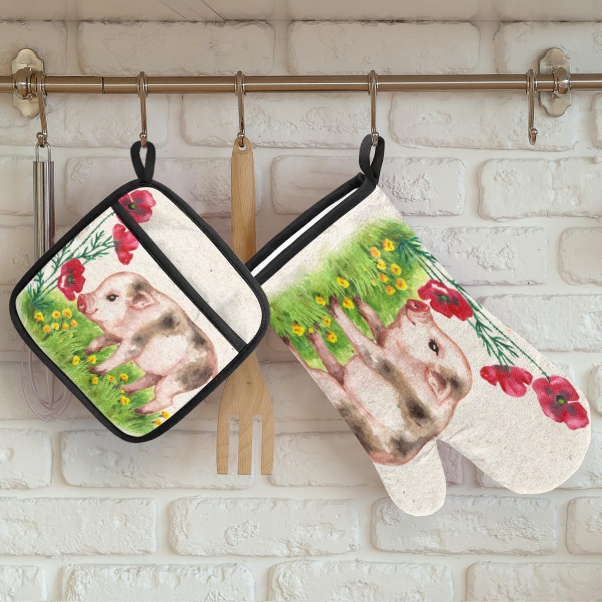 Cute Animal Pig Flower Oven Mitts and Pot Holders Sets of 2 Heat Resistant Non-Slip Kitchen Gloves Hot Pads with Inner Cotton Layer for Cooking BBQ Baking Grilling