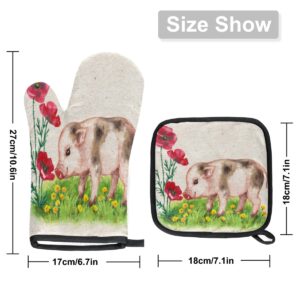 Cute Animal Pig Flower Oven Mitts and Pot Holders Sets of 2 Heat Resistant Non-Slip Kitchen Gloves Hot Pads with Inner Cotton Layer for Cooking BBQ Baking Grilling