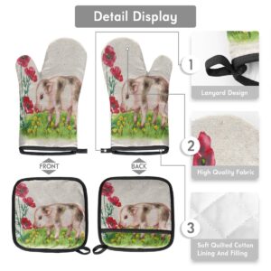 Cute Animal Pig Flower Oven Mitts and Pot Holders Sets of 2 Heat Resistant Non-Slip Kitchen Gloves Hot Pads with Inner Cotton Layer for Cooking BBQ Baking Grilling