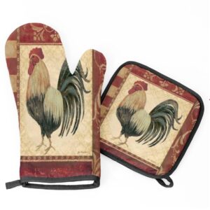 vintage watercolor rooster oven mitts and pot holders sets of 2 heat resistant non-slip kitchen gloves hot pads with inner cotton layer for cooking bbq baking grilling