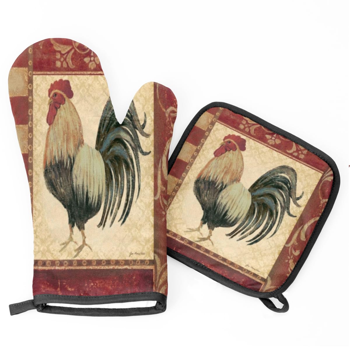 Vintage Watercolor Rooster Oven Mitts and Pot Holders Sets of 2 Heat Resistant Non-Slip Kitchen Gloves Hot Pads with Inner Cotton Layer for Cooking BBQ Baking Grilling