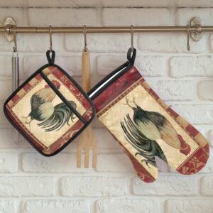 Vintage Watercolor Rooster Oven Mitts and Pot Holders Sets of 2 Heat Resistant Non-Slip Kitchen Gloves Hot Pads with Inner Cotton Layer for Cooking BBQ Baking Grilling