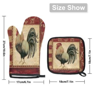 Vintage Watercolor Rooster Oven Mitts and Pot Holders Sets of 2 Heat Resistant Non-Slip Kitchen Gloves Hot Pads with Inner Cotton Layer for Cooking BBQ Baking Grilling