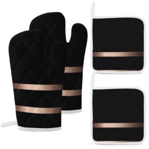 4pcs oven mitts and pot holders set, black stylish rose gold heat resistant oven mitts gloves set hot pads for kitchen cooking grill