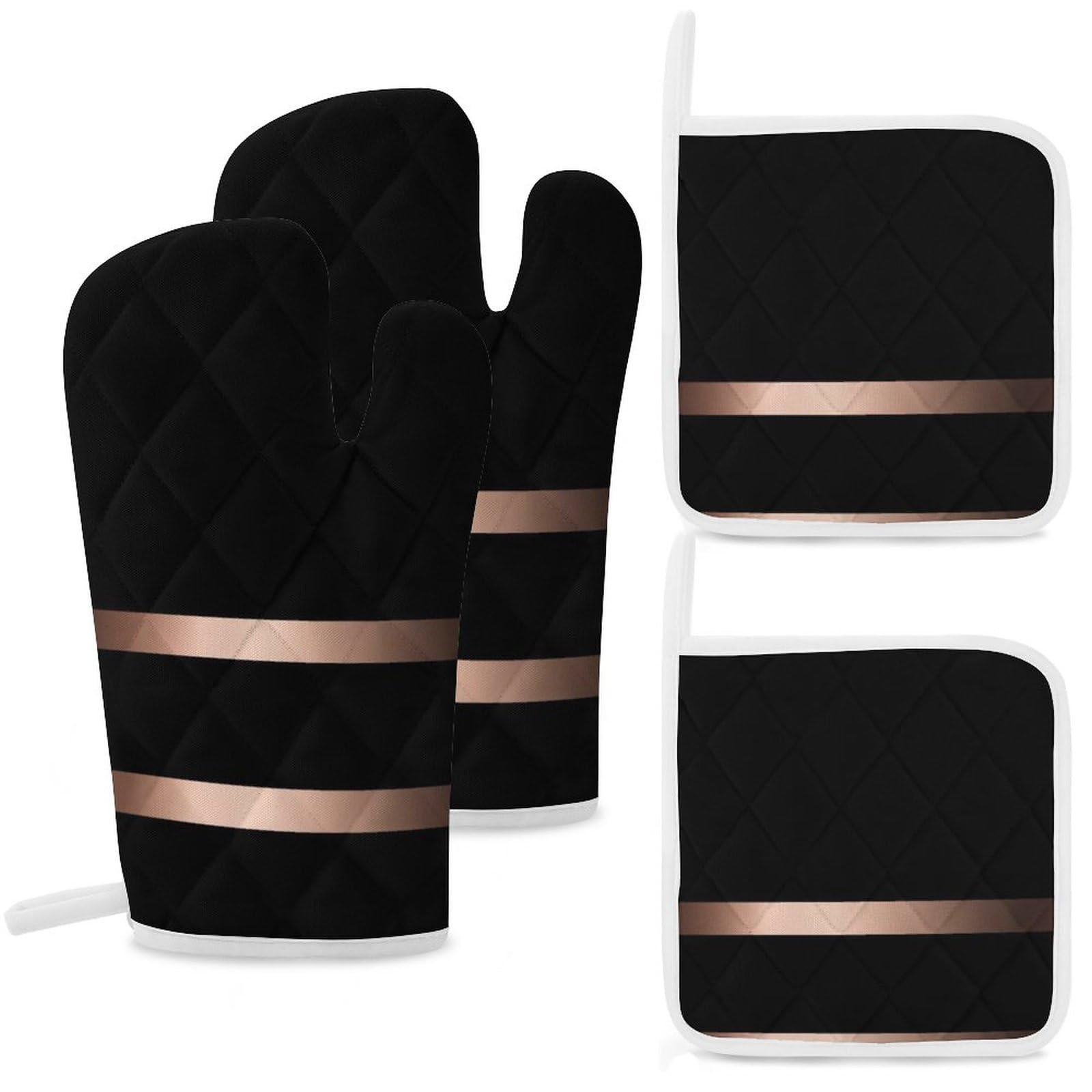 4Pcs Oven Mitts and Pot Holders Set, Black Stylish Rose Gold Heat Resistant Oven Mitts Gloves Set Hot Pads for Kitchen Cooking Grill