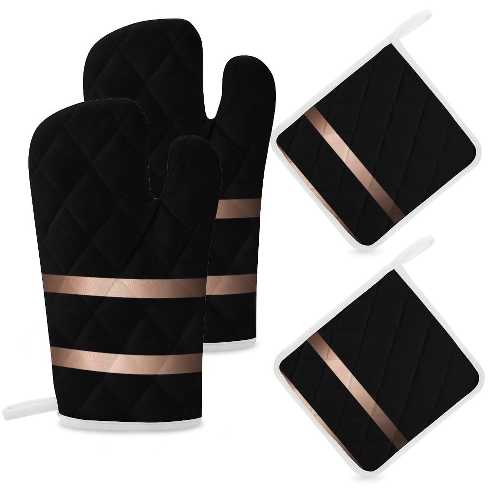 4Pcs Oven Mitts and Pot Holders Set, Black Stylish Rose Gold Heat Resistant Oven Mitts Gloves Set Hot Pads for Kitchen Cooking Grill