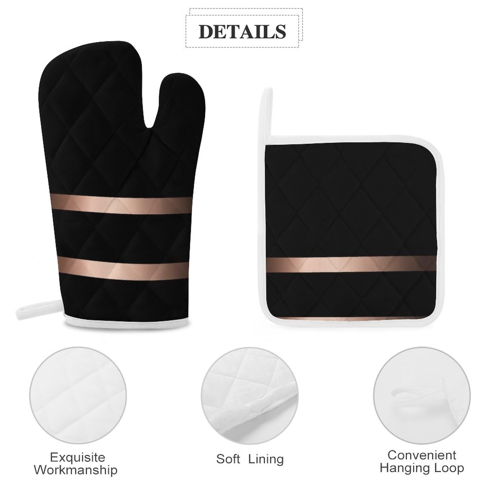 4Pcs Oven Mitts and Pot Holders Set, Black Stylish Rose Gold Heat Resistant Oven Mitts Gloves Set Hot Pads for Kitchen Cooking Grill