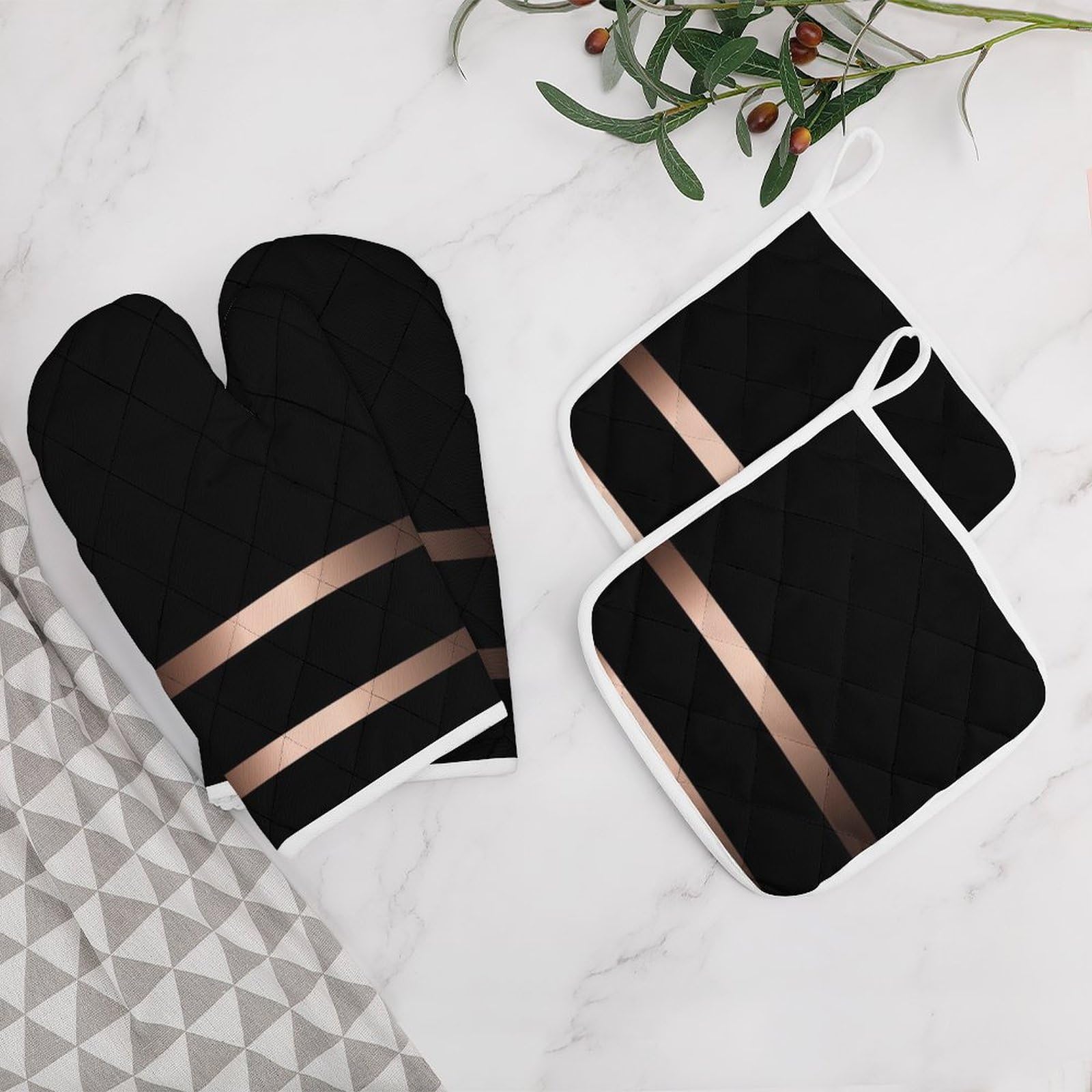 4Pcs Oven Mitts and Pot Holders Set, Black Stylish Rose Gold Heat Resistant Oven Mitts Gloves Set Hot Pads for Kitchen Cooking Grill