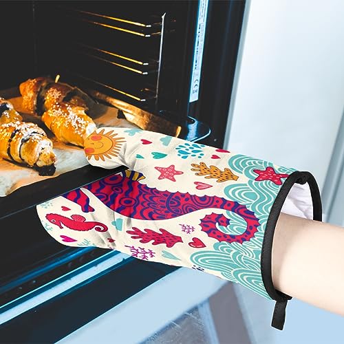Cartoon Marine Seahorse Love Coral Oven Mitts and Pot Holders Sets of 2 Heat Resistant Non-Slip Kitchen Gloves Hot Pads with Inner Cotton Layer for Cooking BBQ Baking Grilling