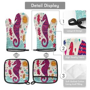 Cartoon Marine Seahorse Love Coral Oven Mitts and Pot Holders Sets of 2 Heat Resistant Non-Slip Kitchen Gloves Hot Pads with Inner Cotton Layer for Cooking BBQ Baking Grilling