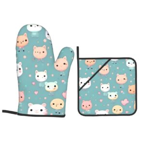 Cute Fox Oven Mitt and Pan Cover Set, 4 Piece Set for Kitchen Cooking, Baking and Microwave, Kitchen Accessories.