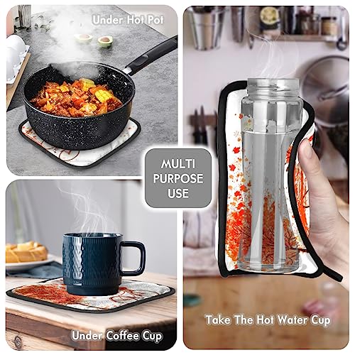 Thanksgiving Fall Leaves Tree Oven Mitts and Pot Holders Sets Heat Resistant Non Slip Oven Glove and Insulated Kitchen Counter Mat Suitable for Cooking Baking Grill