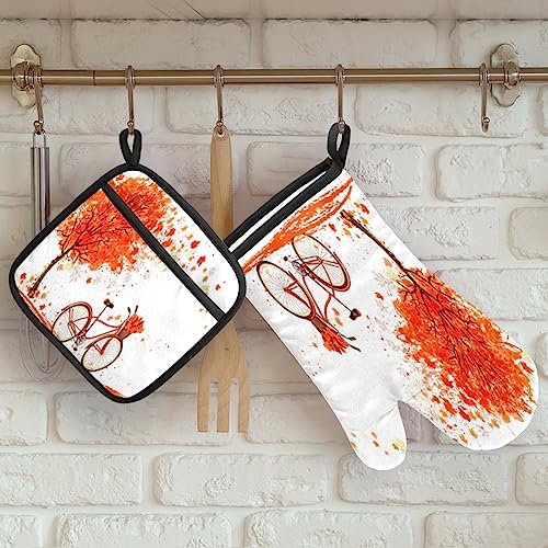 Thanksgiving Fall Leaves Tree Oven Mitts and Pot Holders Sets Heat Resistant Non Slip Oven Glove and Insulated Kitchen Counter Mat Suitable for Cooking Baking Grill