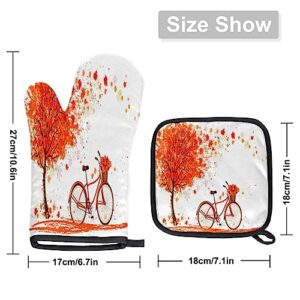 Thanksgiving Fall Leaves Tree Oven Mitts and Pot Holders Sets Heat Resistant Non Slip Oven Glove and Insulated Kitchen Counter Mat Suitable for Cooking Baking Grill