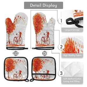 Thanksgiving Fall Leaves Tree Oven Mitts and Pot Holders Sets Heat Resistant Non Slip Oven Glove and Insulated Kitchen Counter Mat Suitable for Cooking Baking Grill