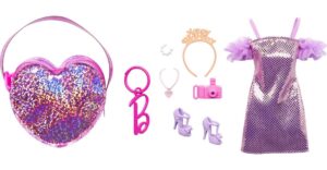 barbie clothes set, birthday-themed with dress, 5 acessories & zippered doll-sized heart-shaped bag with clip-on ring