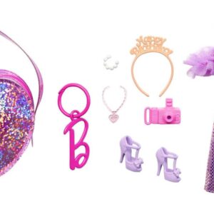 Barbie Clothes Set, Birthday-Themed with Dress, 5 Acessories & Zippered Doll-Sized Heart-Shaped Bag with Clip-On Ring